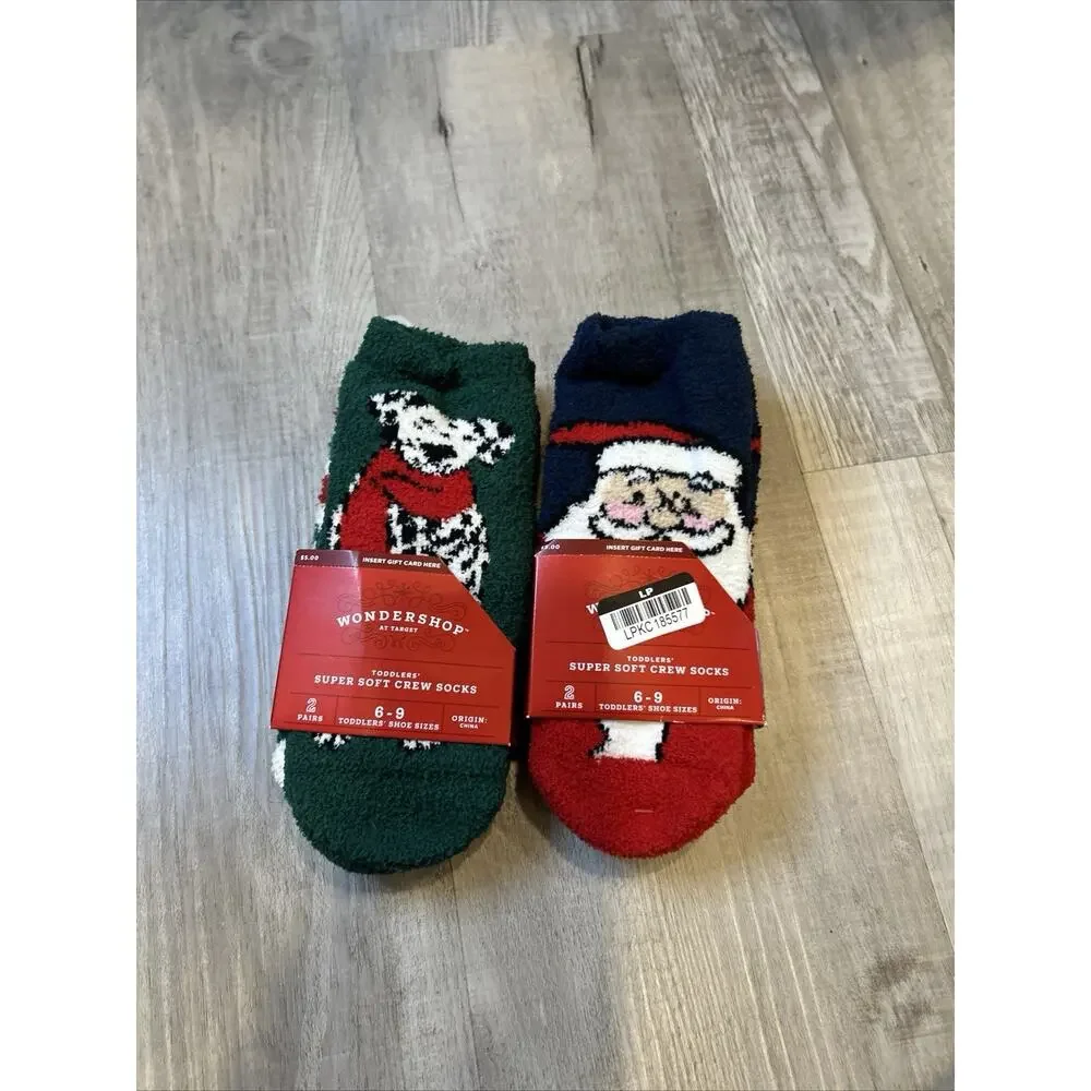 Wondershop Target Kids Super Soft Crew Socks 2 Pk Santa Reindeer Holiday 6-9